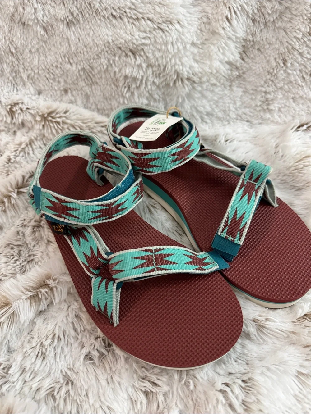 Teva Women’s Turquoise Patterned Strap Sandals with Burgundy Footbed